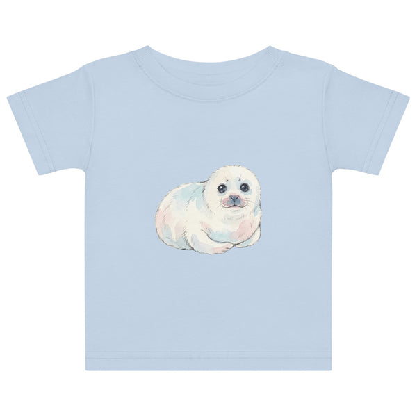 T-shirt bébé phoque blanc en coton doux, illustration aquarelle scandinave minimaliste aux tons ivoire, bleu glacier et rose poudré, tailles 6M à 24M