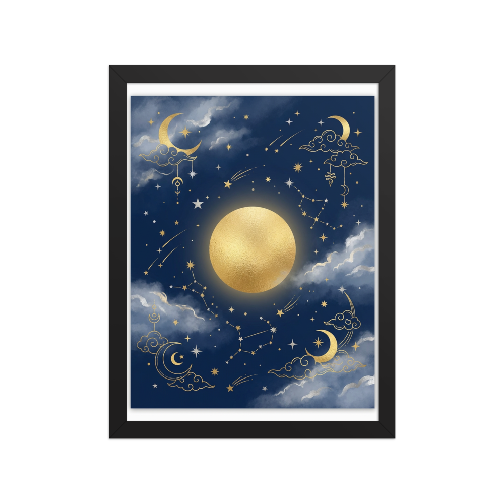 Affiche Encadrée Étoiles et Lune Nuit Dorée pour Chambre de Bébé