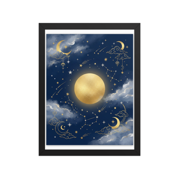 Affiche Encadrée Étoiles et Lune Nuit Dorée pour Chambre de Bébé