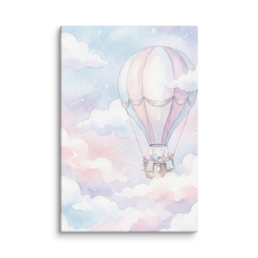 Toile Montgolfière Nuages Aquarelle pour Chambre Bébé Rêve de Douceur