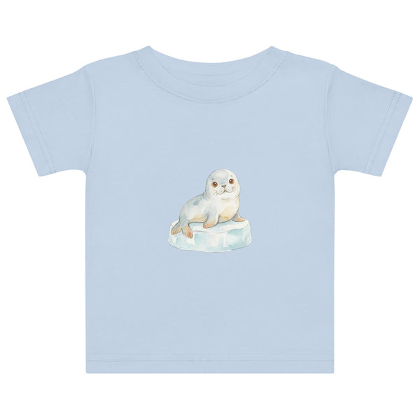 T-shirt bébé morse illustration aquarelle scandinave — petit morse dodu aux grands yeux ronds sur fond bleu glacier, jersey coton doux, tailles 6M à 24M