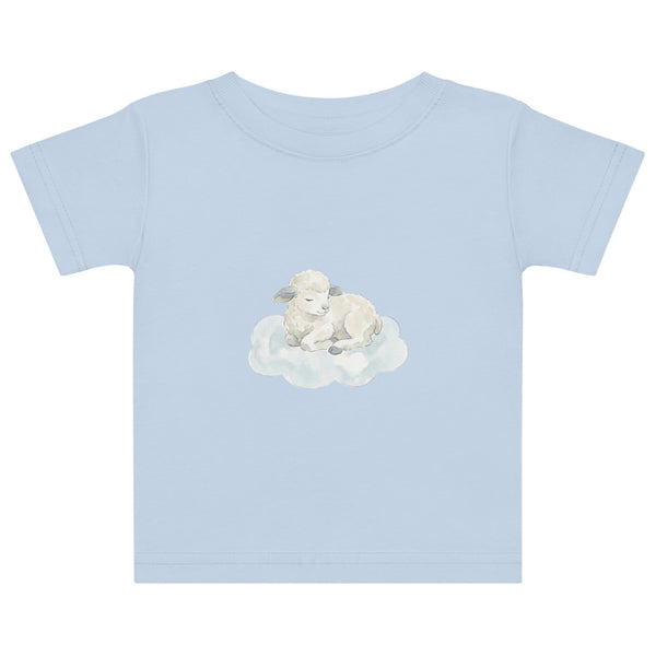 T-shirt bébé mouton endormi – illustration aquarelle scandinave, agneau pelotonné sur un nuage, palette pastel crème bleu brume et gris perle, coton doux tailles 6M à 24M