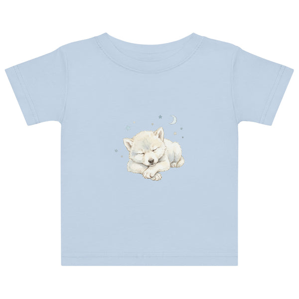 T-shirt bébé loup arctique endormi en aquarelle scandinave — jersey coton doux, encres à l'eau, tailles 6M à 24M