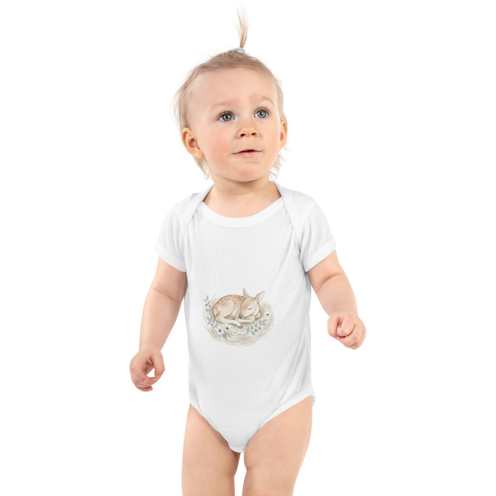 Body bébé wapiti aquarelle – Faon endormi scandinave