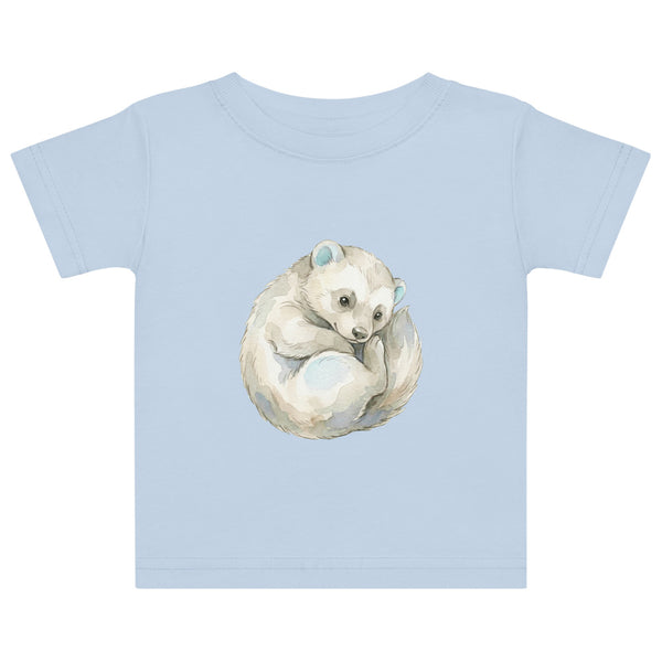 T-shirt bébé glouton scandinave – illustration aquarelle wolverine potelé aux grands yeux, palette gris doux et bleu glacier, imprimé DTG encres à l'eau sur jersey coton doux