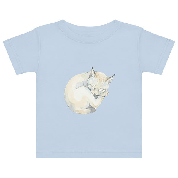 T-shirt bébé lynx endormi en boule, illustration aquarelle scandinave crème et bleu glacier, jersey coton doux, tailles 6M à 24M