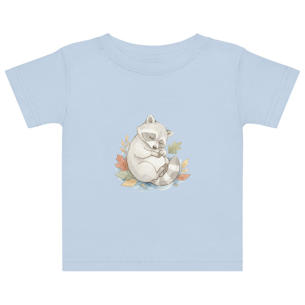 T-shirt bébé raton laveur endormi, illustration aquarelle scandinave terracotta et sauge, coton doux DTG, tailles 6M à 24M