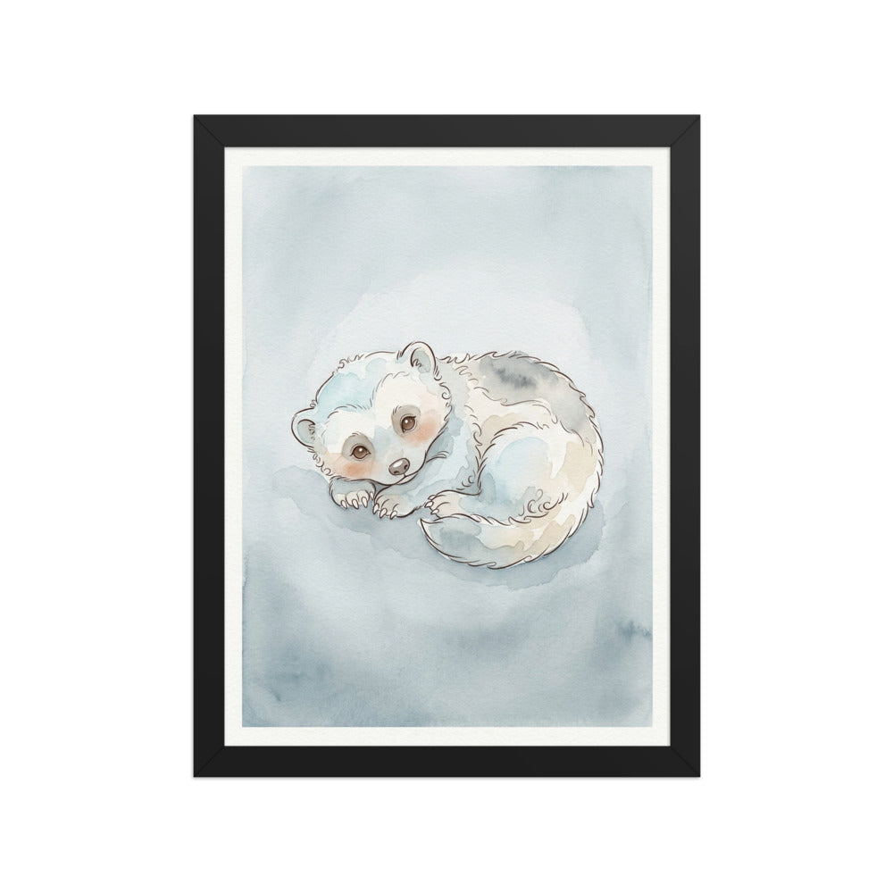 Affiche encadrée glouton bébé scandinave 30×40 cm sur fond blanc — aquarelle minimaliste tons bleu glacier et gris brumeux, cadre bois inclus, prête à accrocher