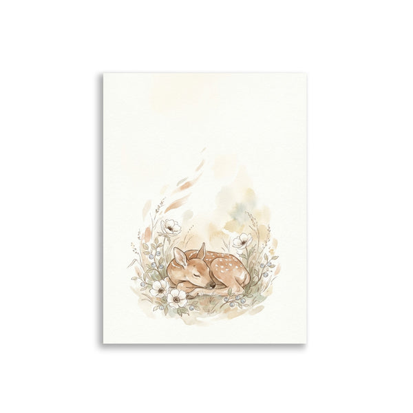 Affiche chambre bébé aquarelle représentant un wapiti endormi dans des fleurs nordiques, palette ivoire-terracotta-vert sauge, format 30×40 cm sur fond blanc