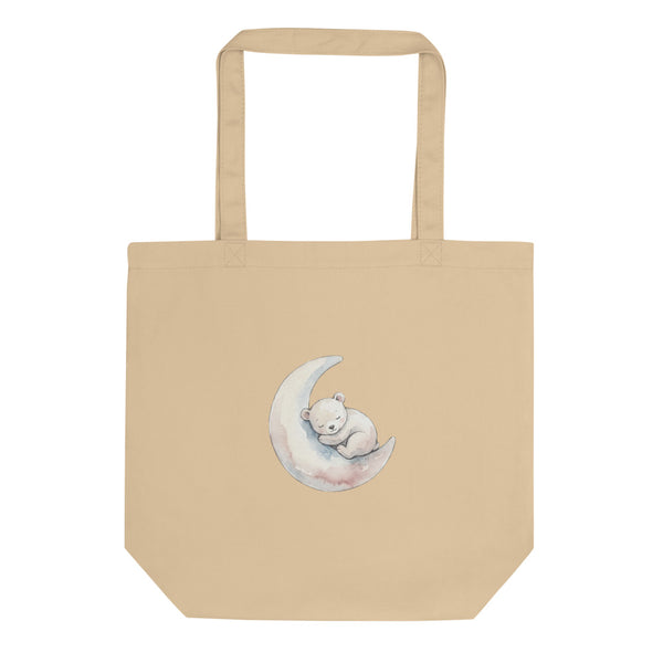 Tote bag maternité illustration aquarelle : ourson endormi dans un croissant de lune, tons ivoire poudré et vieux rose sur toile de coton 38×42 cm