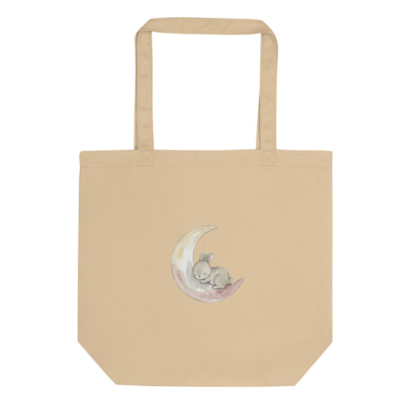Tote bag lapin bébé style scandinave – illustration aquarelle lapin endormi sur croissant de lune, palette ivoire, sauge et rose poudré, fond blanc
