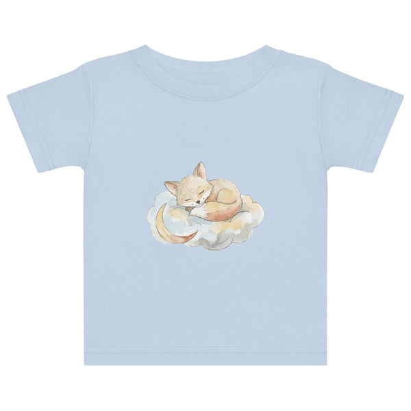 T-shirt bébé renard aquarelle – illustration scandinave renard endormi sur nuage avec croissant de lune, tons sable et terracotta, coton doux taille 6M à 24M