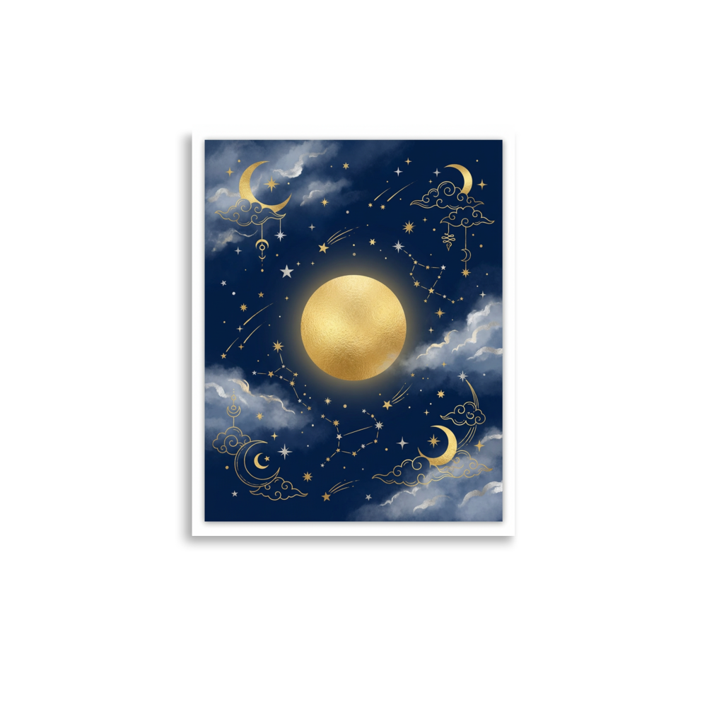 Affiche Étoiles et Lune Personnalisable pour Chambre Bébé Nuit Dorée