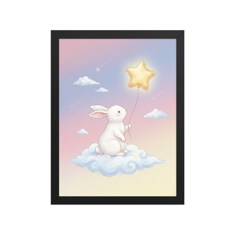 Affiche Encadrée Lapin Rêveur et Ballon d'Étoiles pour Chambre