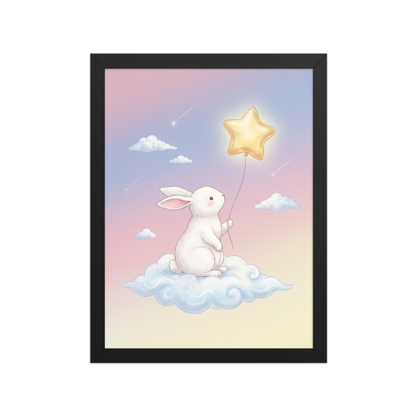 Affiche Encadrée Lapin Rêveur et Ballon d'Étoiles pour Chambre