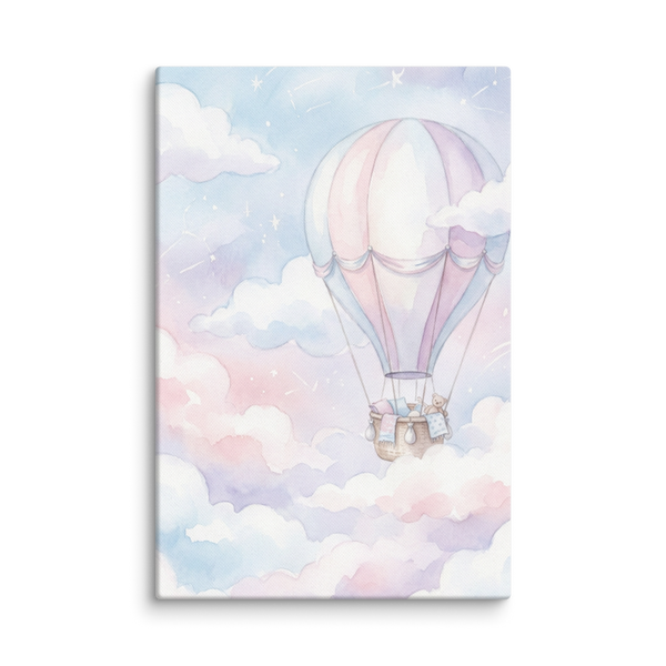 Toile Montgolfière Nuages Aquarelle pour Chambre Bébé Rêve de Douceur