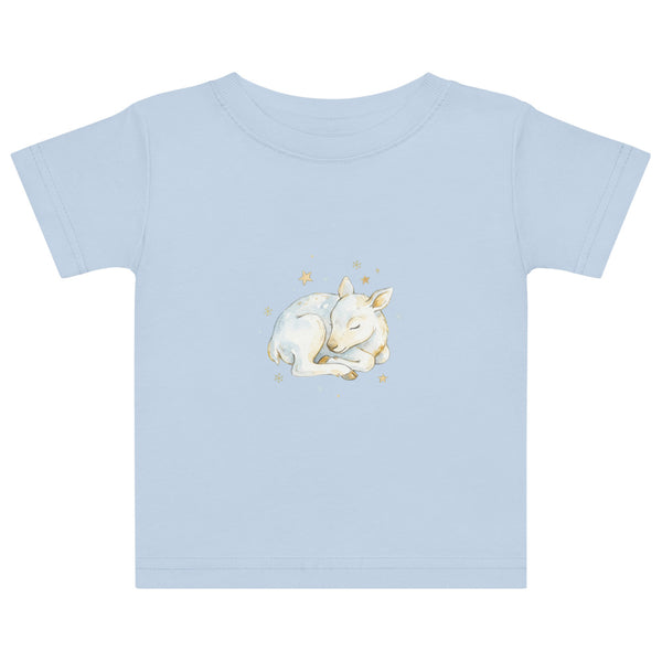 T-shirt bébé renne naissance en jersey coton doux, illustration aquarelle scandinave renne endormi entouré de flocons et étoiles dorées, palette bleu poudré et blanc neige, tailles 6M à 24M