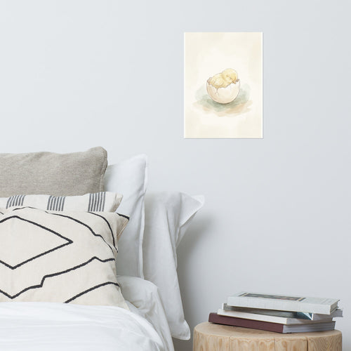 Affiche chambre bébé poussin en aquarelle scandinave, palette crème et sauge douce, encadrée au-dessus d'un berceau en bois clair