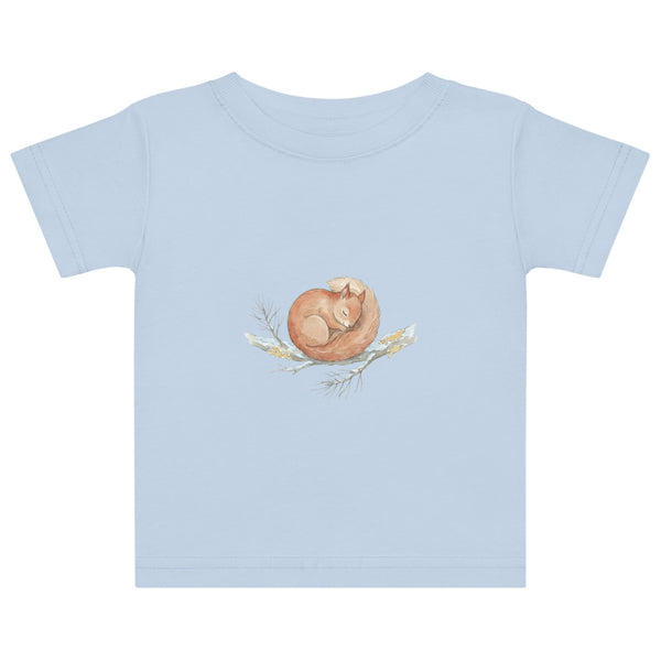 T-shirt bébé écureuil roux endormi en aquarelle scandinave, tons crème terracotta et vert sauge, jersey coton doux, tailles 6M à 24M