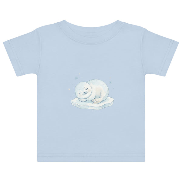 T-shirt bébé phoque original – illustration aquarelle scandinave, petit phoque endormi sur un glaçon, palette bleu glacier et blanc neige, coton doux tailles 6M à 24M