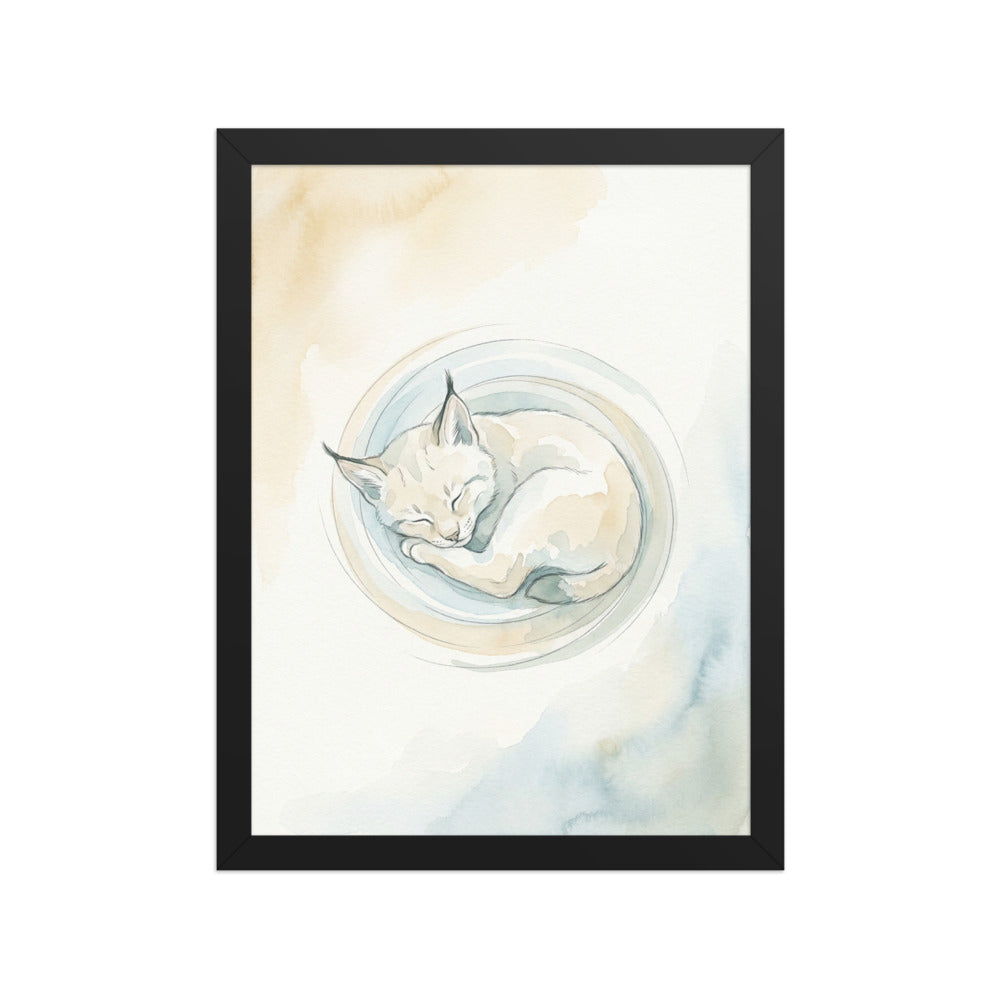 Illustration lynx bébé encadrée sur fond blanc, format 30×40 cm, aquarelle scandinave crème et bleu glacier, cadre bois prêt à accrocher