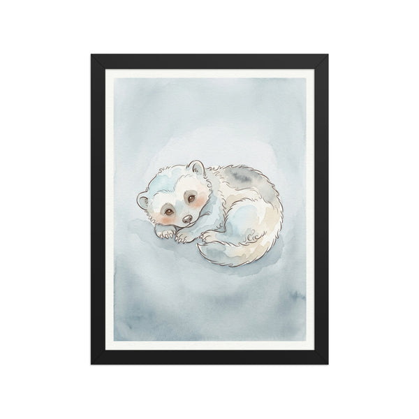 Affiche encadrée glouton bébé scandinave 30×40 cm sur fond blanc — aquarelle minimaliste tons bleu glacier et gris brumeux, cadre bois inclus, prête à accrocher
