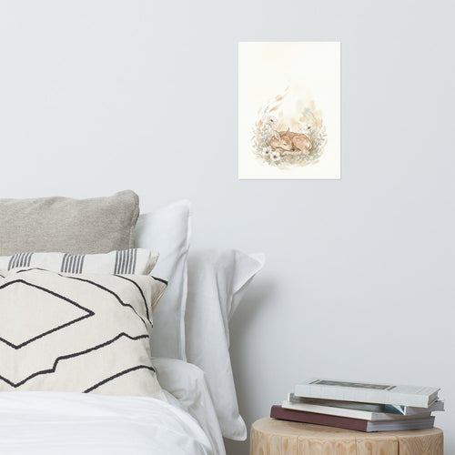 Poster aquarelle wapiti bébé accroché au-dessus d'un lit de nurserie en bois naturel, ambiance chambre bébé scandinave douce et lumineuse