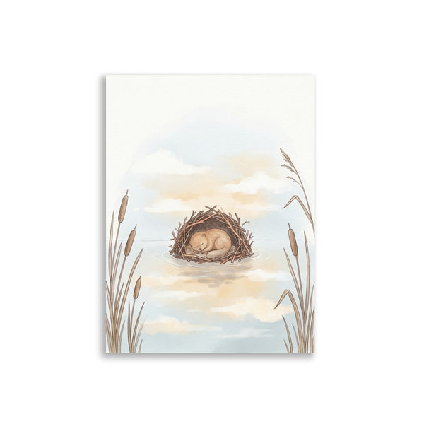 Affiche chambre bébé style scandinave représentant un castor endormi en aquarelle dans une cabane de brindilles, palette nude et terracotta, format 30×40 cm sur fond blanc