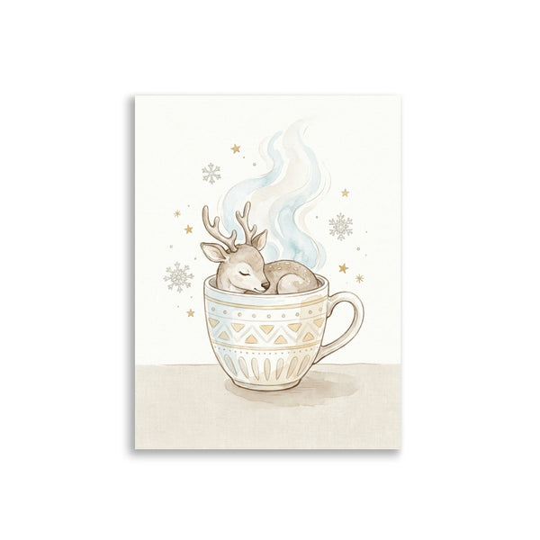 Poster bébé renne aquarelle sur fond blanc – illustration scandinave minimaliste d'un renne dans une tasse fumante, palette glacier et beige lin, format 30×40 cm