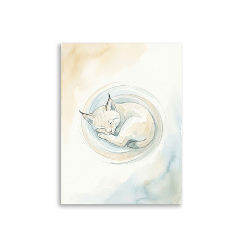 Affiche chambre bébé animal forêt représentant un lynx endormi en boule, illustration aquarelle scandinave palette crème et bleu glacier, papier mat 30×40 cm