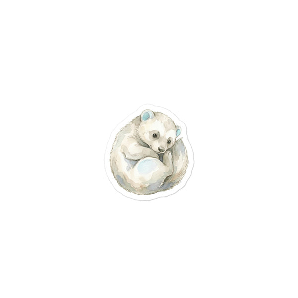 Sticker bébé glouton scandinave en vinyle mat kiss-cut, illustration aquarelle minimaliste d'un glouton potelé aux tons gris doux et bleu glacier, découpe à la forme 7,5 × 7,5 cm