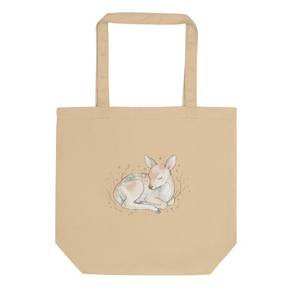 Tote bag faon aquarelle bébé – illustration scandinave faon endormi tons crème et terracotta sur toile de coton, vue de face