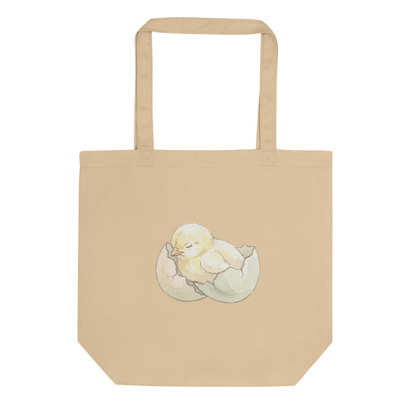 Tote bag poussin bébé en coton, illustration aquarelle scandinave d'un poussin endormi dans une coquille d'œuf, palette crème et sauge, vue de face