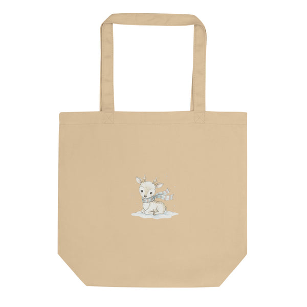 Tote bag maternité illustration animaux : bébé renne aquarelle scandinave aux tons pastel bleu glacier et terracotta, sur fond blanc